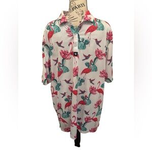 Bad Birdie White and Pink Casual Button Down Shirt